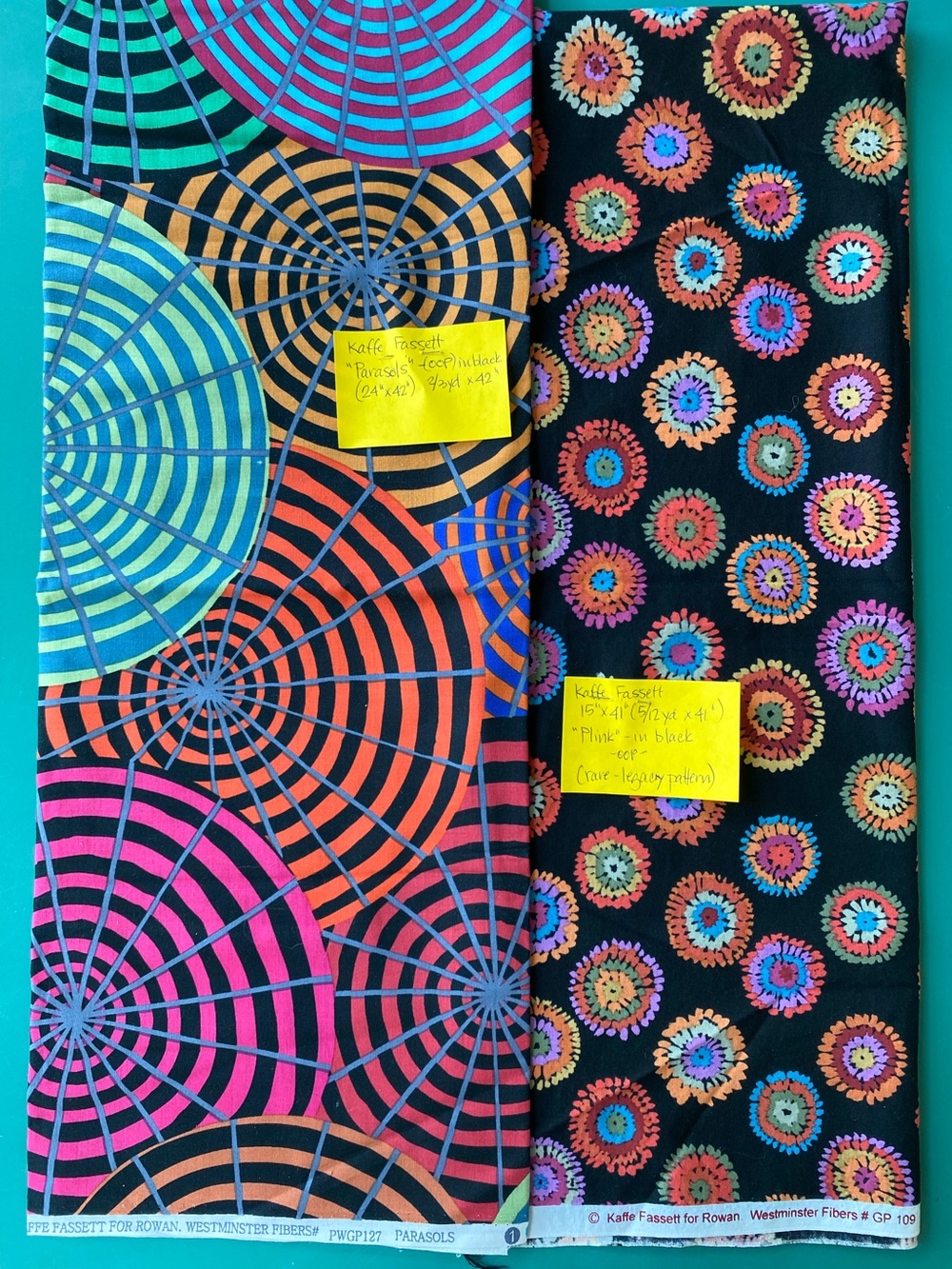 OOP Kaffe Fassett Fabrics: "Parasols" (2/3yd) & "Plink" (5/12yd) Fabric Lot